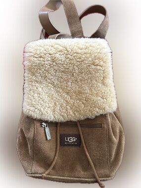 UGG Australian Suede Shearling Mini Backpack. Tan Suede / Cream Shearling Flap